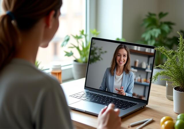 Mujer en una videollamada de coaching nutricional desde su casa